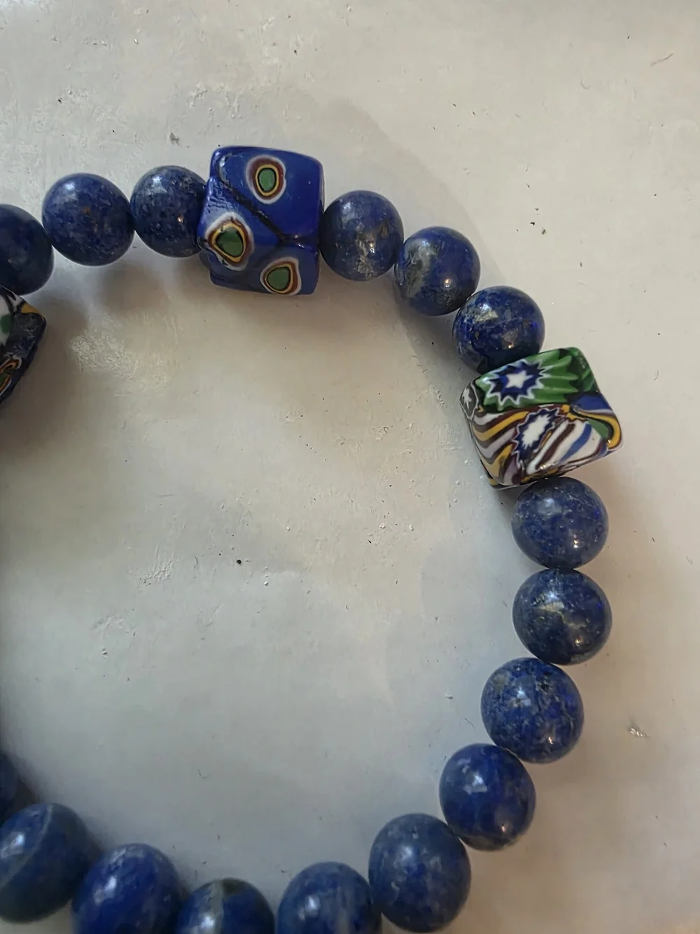 Handmade Lapis Lazuli and Millefiori Glass Stretch Bracelet